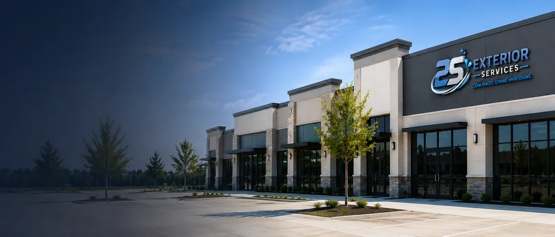 Commercial retail property with clean exterior walkways and parking