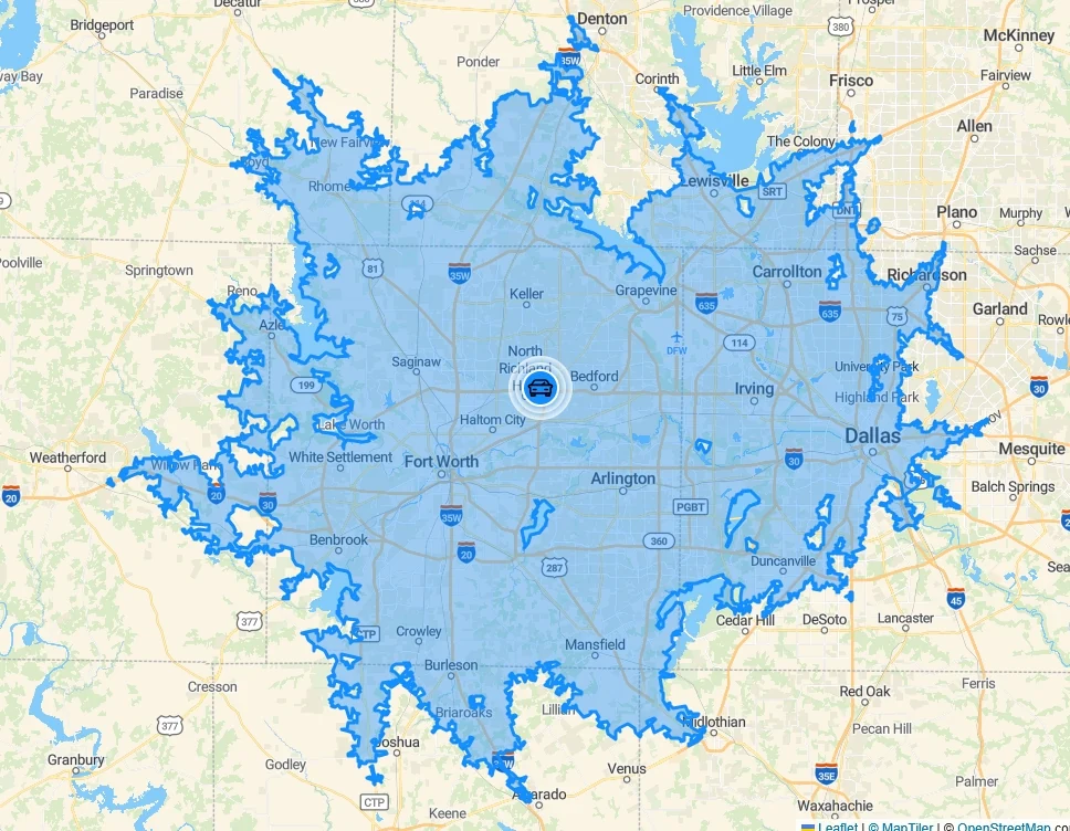 Map showing the 2S Exterior Services coverage area across the DFW Metroplex